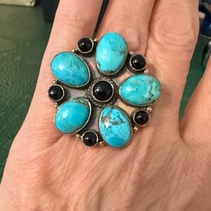Turquoise and Black Onyx Sterling Statement Ring Adjustable